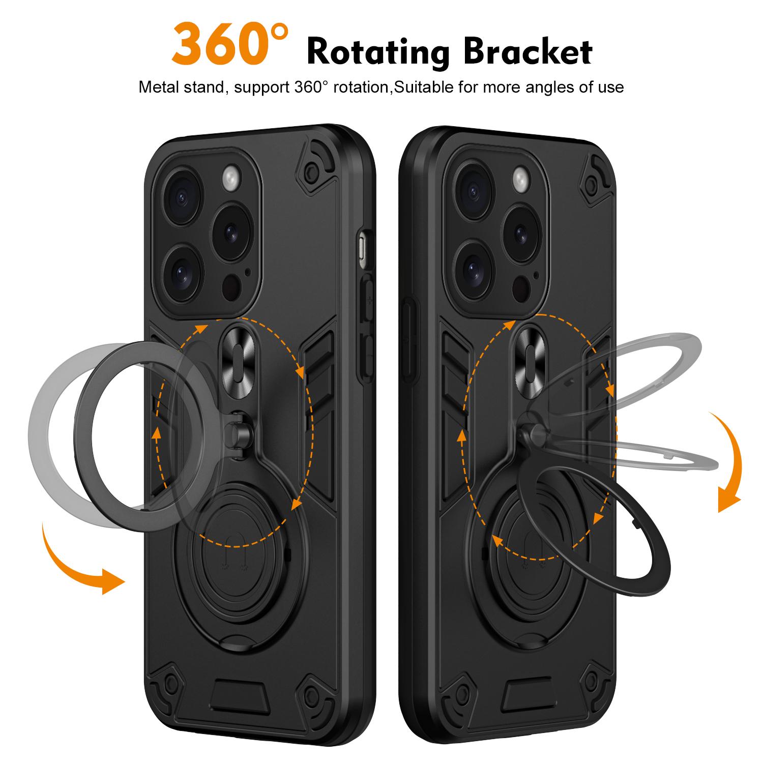 

For iPhone 15 Pro Case Rotatable Kickstand PC+TPU Drop Protection Phone Cover Black