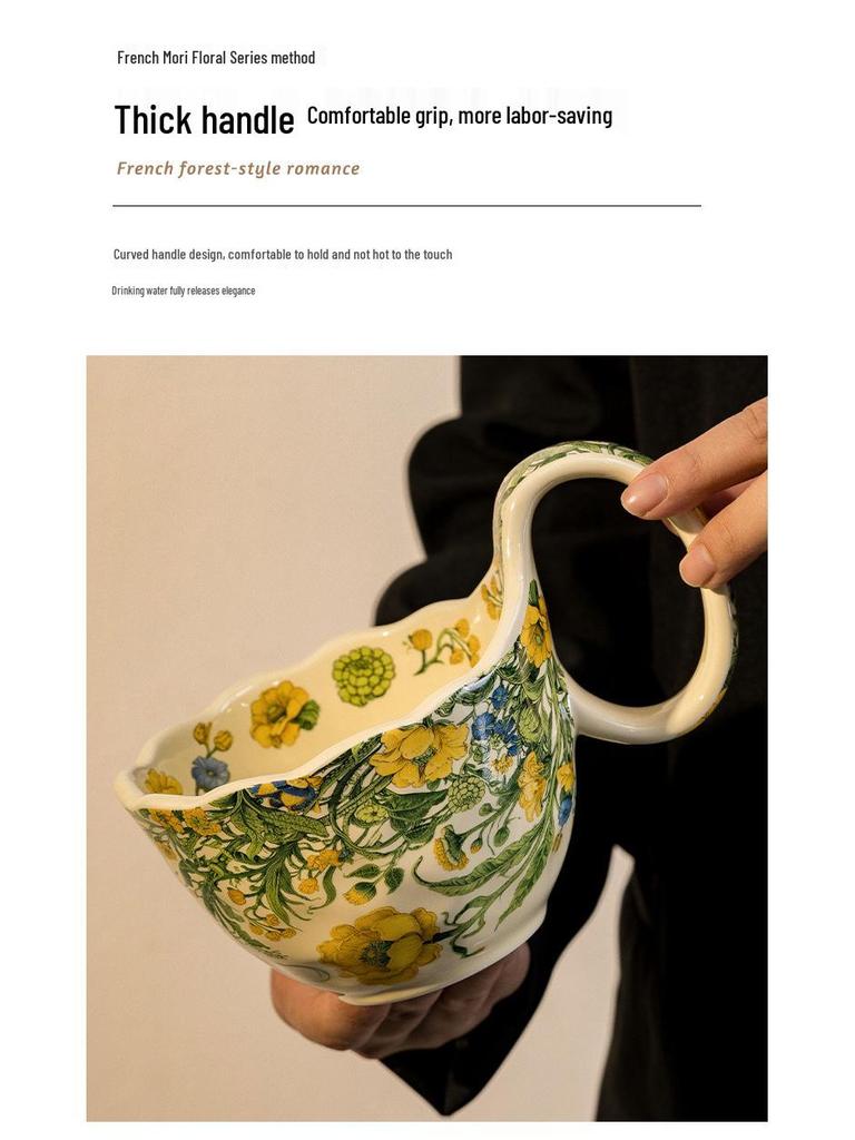 Ceramic Curved Handle Mug with Spoon and Saucer, Floral Design, Ideal for Breakfast, Oatmeal, Milk, Coffee.