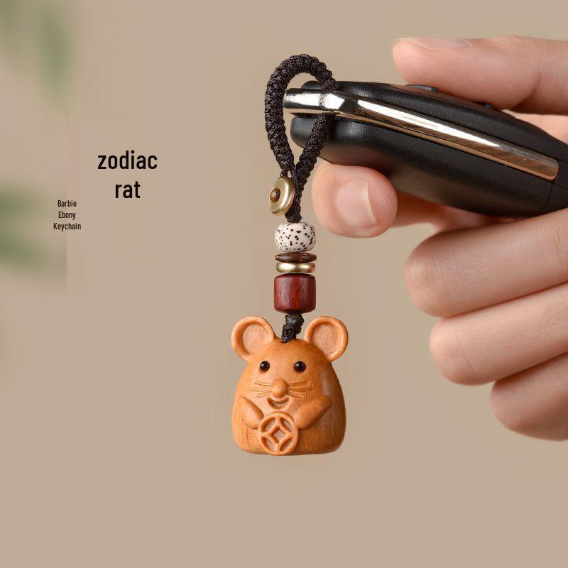 Sandalwood Zodiac Rat Pendant Keychain Necklace: Versatile Charm for Bags and Phones
