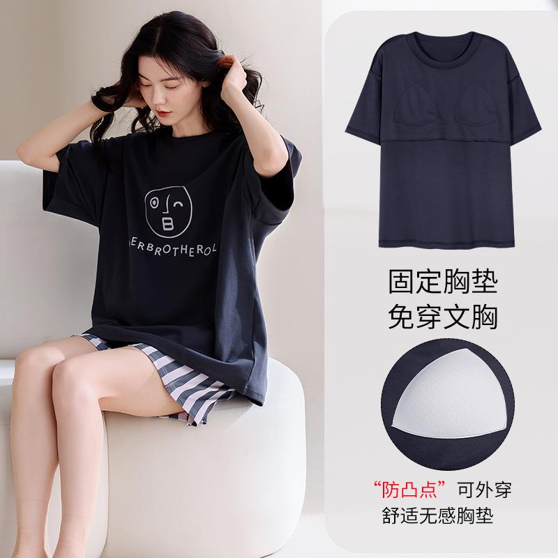 

Pajamas Women s Summer Cotton Short Sleeve Shorts with Chest Pad Crew Neck Large Size Loungewear New Wear Set m recommended 40-50kg
