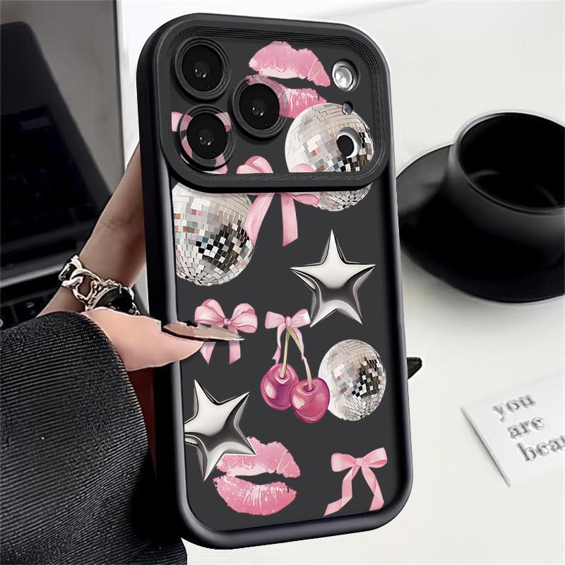 Cherry Bowknots Lips Disco Ball Case For iPhone 17 Pro Max Shockproof Silicone Bumper Cover For iPhone 16 Pro Max Funda iPhone 15 14 13 12 11 16E