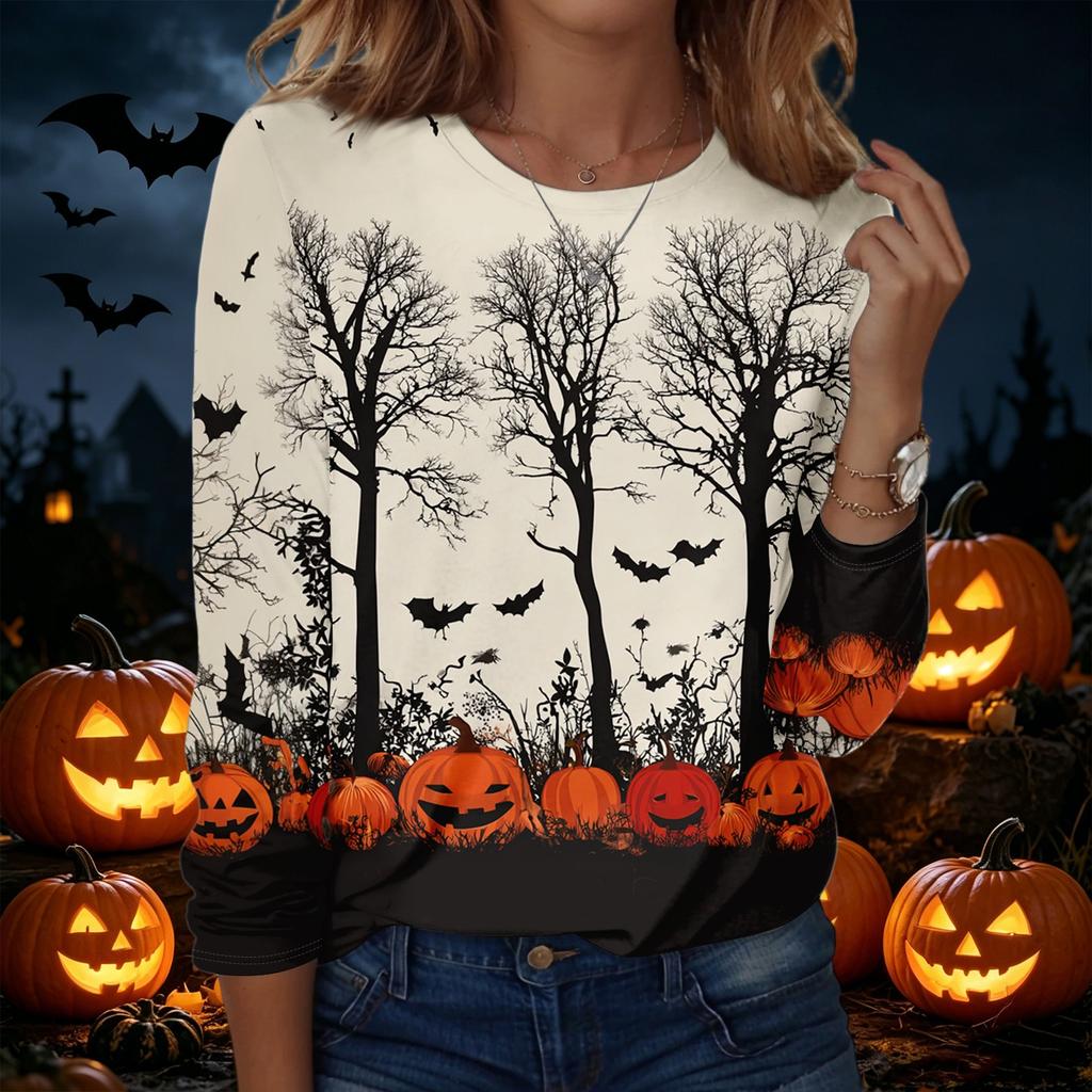 Womens Halloween Printed Crewneck Pullover Sweatshirt Long Sleeve Casual Top with Graphic Design for Seasonal Wear