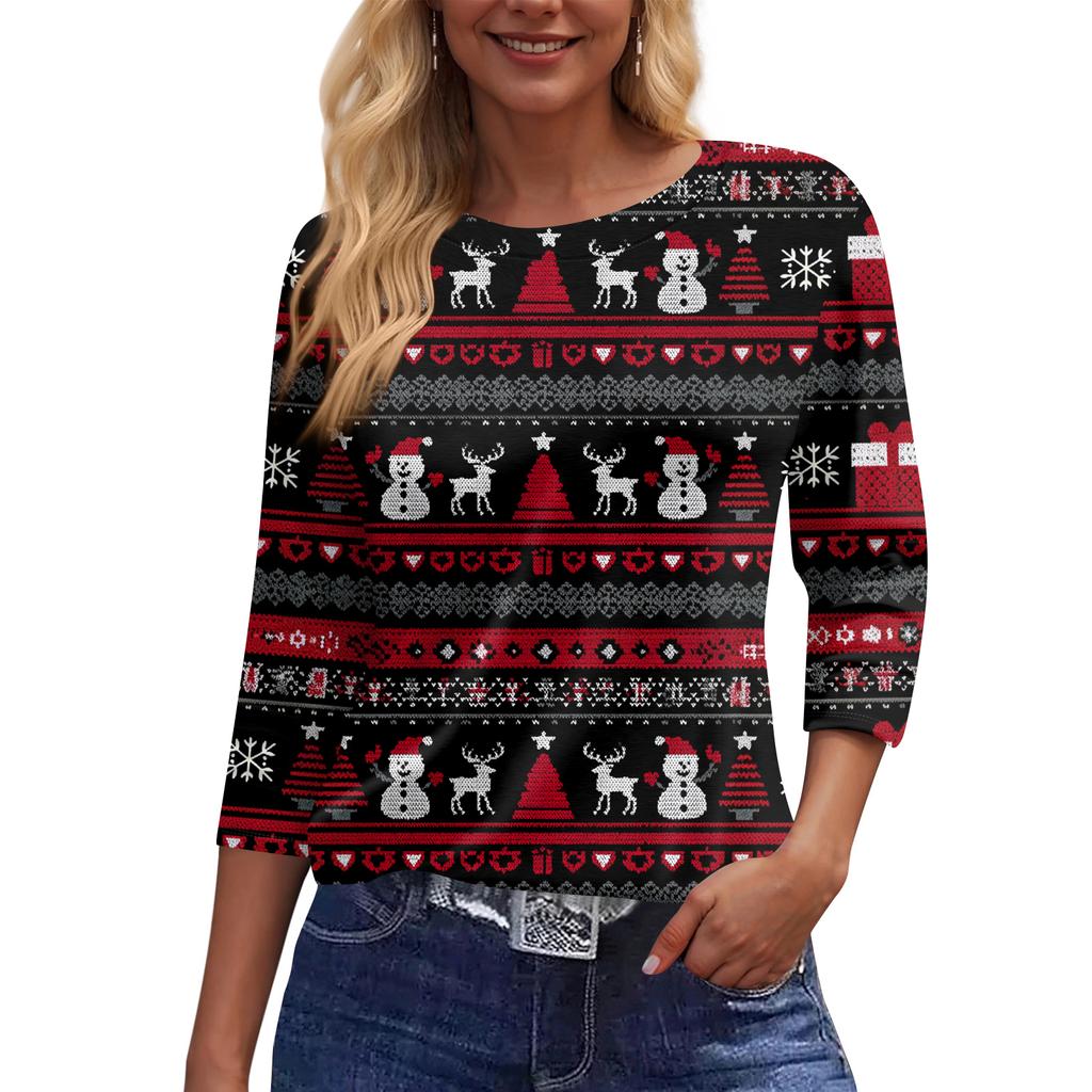 Women's Fashion Casual Round Neck 3/4 Sleeve Loose Printed T-Shirt Ladies Top