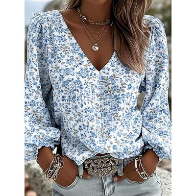 Women's New Loose Lantern Sleeve Printed Shirt, Loose Slim-fit Fashion Versatile Vacation Style Long-sleeve V-neck Top, Perfect Holiday Gift