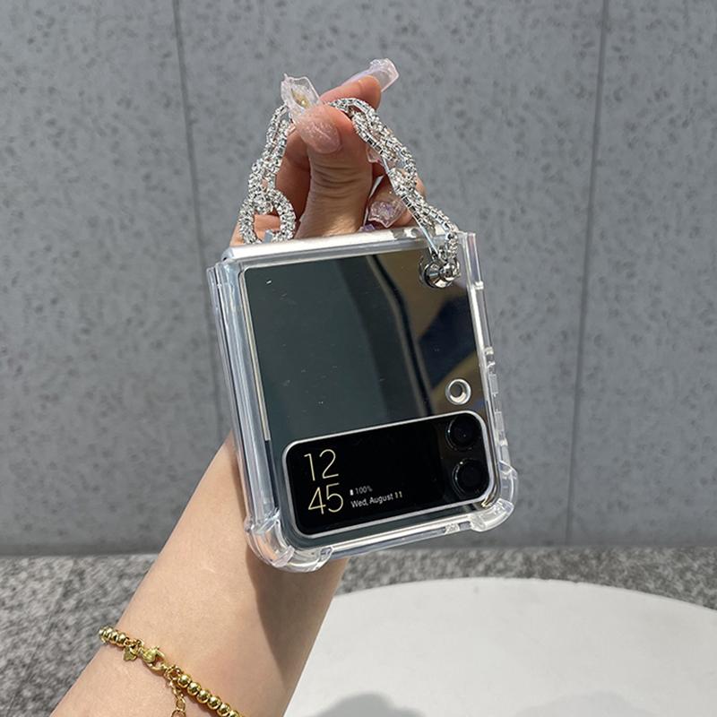 Silbernes Make-up Silikon Airbag Stoßfestes Handyhülle Für Samsung Galaxy Z Flip 3 5g Rückseite Mit Tragbarem Strass-Armband