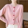 Women's 100% Wool Loose Knit Cardigan with Heart Buttons - Sweet Style Round Neck Sweater for Autumn/Winter