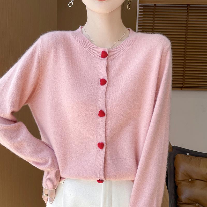Women's 100% Wool Loose Knit Cardigan with Heart Buttons - Sweet Style Round Neck Sweater for Autumn/Winter