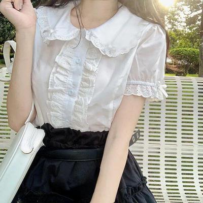 Deeptown Kawaii Lolita halenky Bílé ženy Roztomilé krajkové topy Volánkové košile Vintage nafouknutý rukáv Sladké topy v japonském preppy stylu