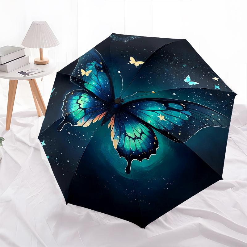 Schmetterling, Fantasy Automatischer Faltregenschirm 8 Rippen, Langlebiger Eisenrahmen, Helles Farbmuster Kompakter Reise-Regenschirm, Geeignet für Outdoor