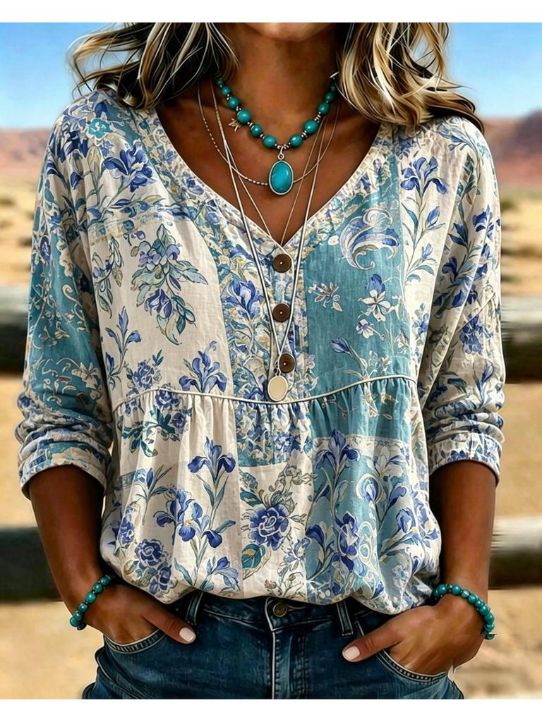 Women S V Neck Printed Loose 3 4 Sleeve Casual Top