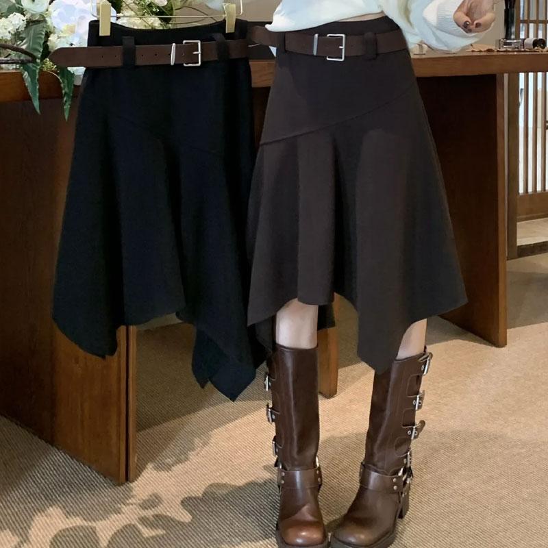 Spring Autumn Irregular Knee Skirts American Vintage A-Line Female Clothing High Waist Stylish Asymmetrical Sashes Basic Skirts