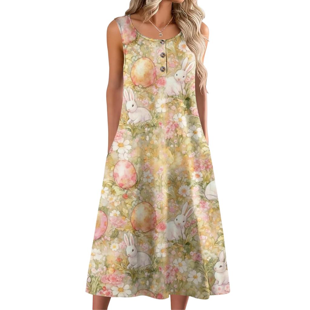 Dámské módní ležérní bezrukávové knoflíkové velikonoční potisk šaty s kapsou