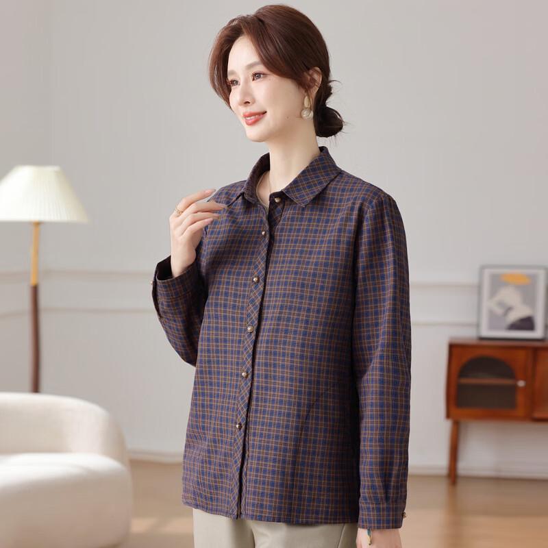 Elderly Women's Spring Plaid Cardigan Shirt