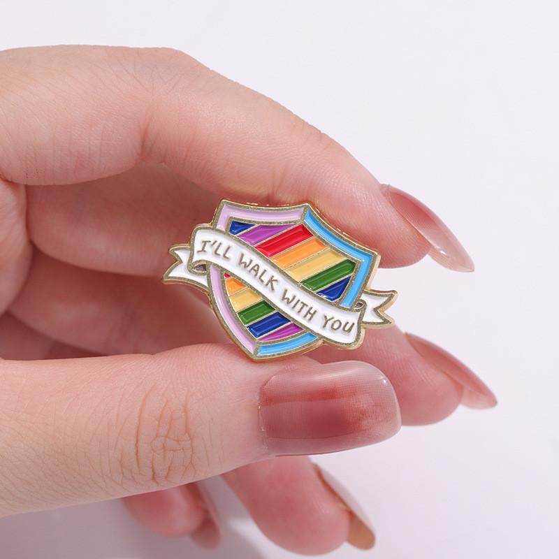 Contemporary Rainbow Letter Brooch Trendy Shield Shape Metal Badge Colorful Pin Fashionable