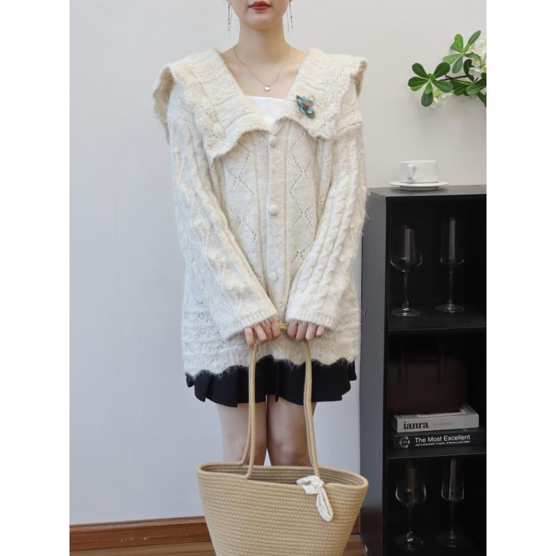 

Кардиган вязаный в стиле колледжа с кукольным воротником, новый осенне-зимний, с полым дизайном, свитер-жакет в ленивом стиле, женский one size fits all абрикосовый