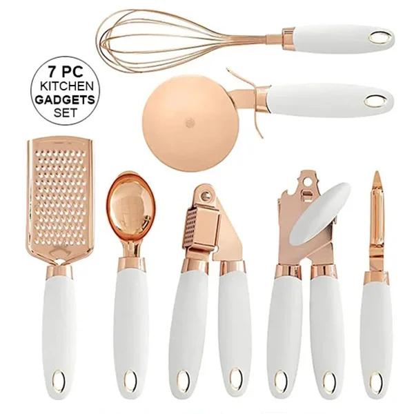 

7Pcs Stainless Steel Kitchen Gadgets Set, Kitchen Utensils with Silicone Handle - Garlic Press Whisk Cheese Grater Peeler Opener білий