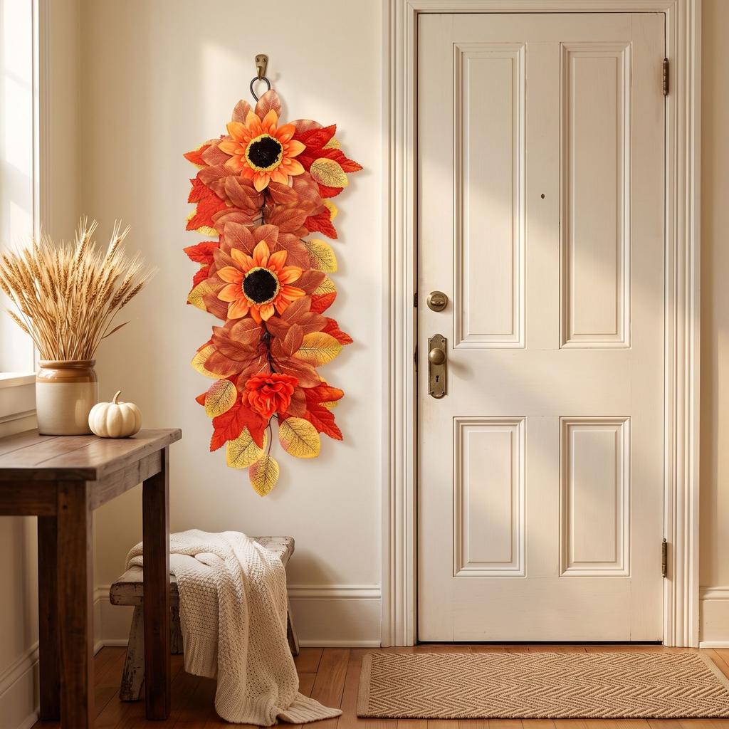 Artificial Sunflower and Maple Leaf Wall Hanging for Fall Thanksgiving Decor