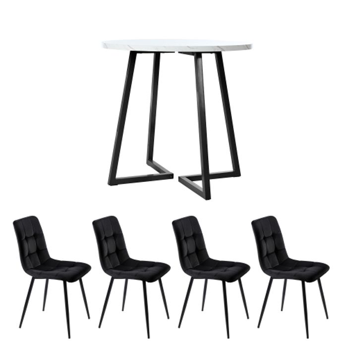 Ensemble de salle à manger - Table ronde 80cm - 4 chaises en velours - Châssis métallique - Design moderne