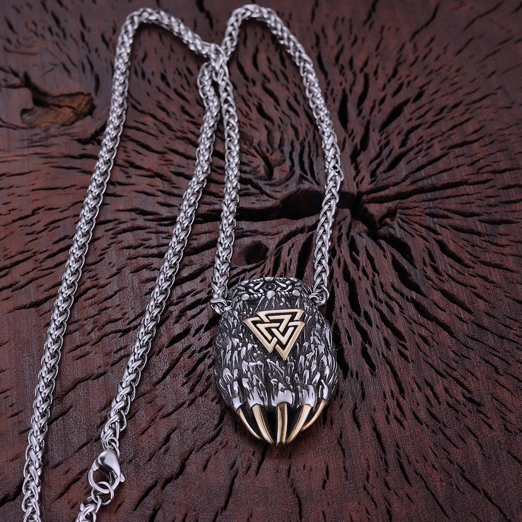 Stainless Steel Vikings Trinity Wolf Claw Necklace Gold Steel Color Nordic Animal Bear Paw Rune Amulet Pendant Jewelry Gift