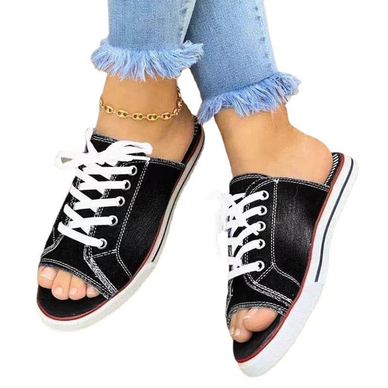Large size women's cool slippers fish mouth denim lace-up slippers flat bottom comfortable