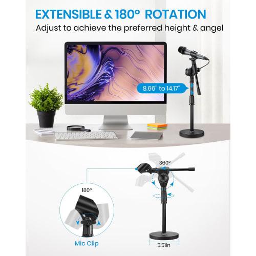 Moukey MMs-5 Desktop Microphone Stand with Geared Boom Arm, 9.5mm & 15.8mm Adapters, 14cm Base Diameter