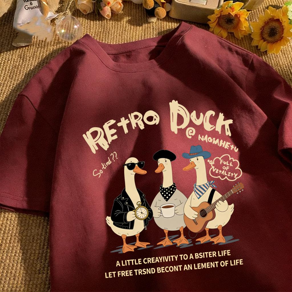 Retro Duck With Free Time Print Short Sleeve Unisex Cotton Fashion O-Neck Top Retro Basics Clothing Unisex Summer Loose Tee