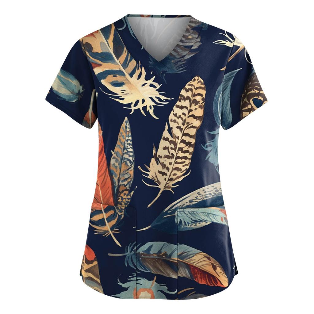 Women's Fashion V-Neck Short-Sleeved Workwear With Pockets Carnival Print Top Caregiver Uniform