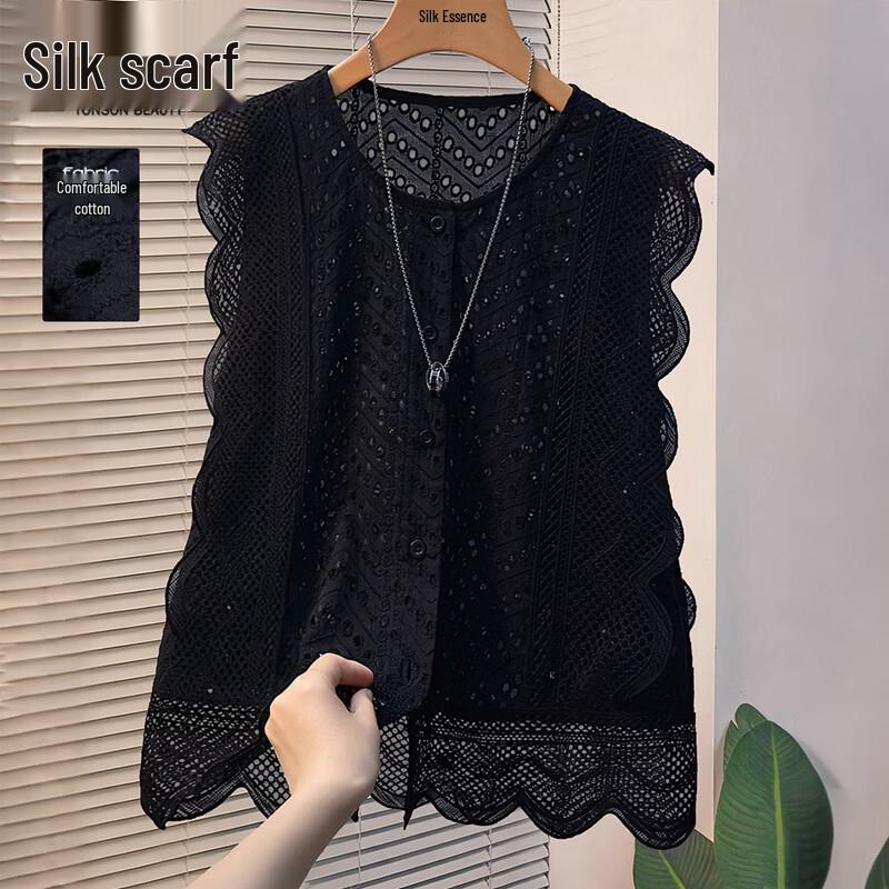 Women s Elegant Round Neck Lace Spliced Blouse S чёрный