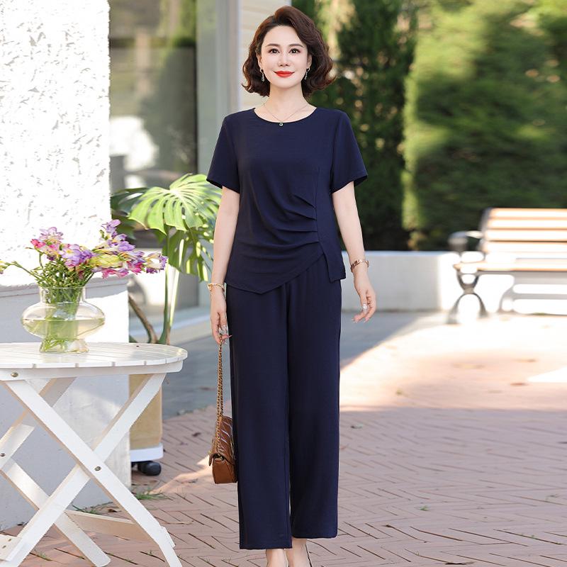 Summer Style Ice Silk Two-Piece Set: Short Sleeve Top and Casual Pants for Moms
