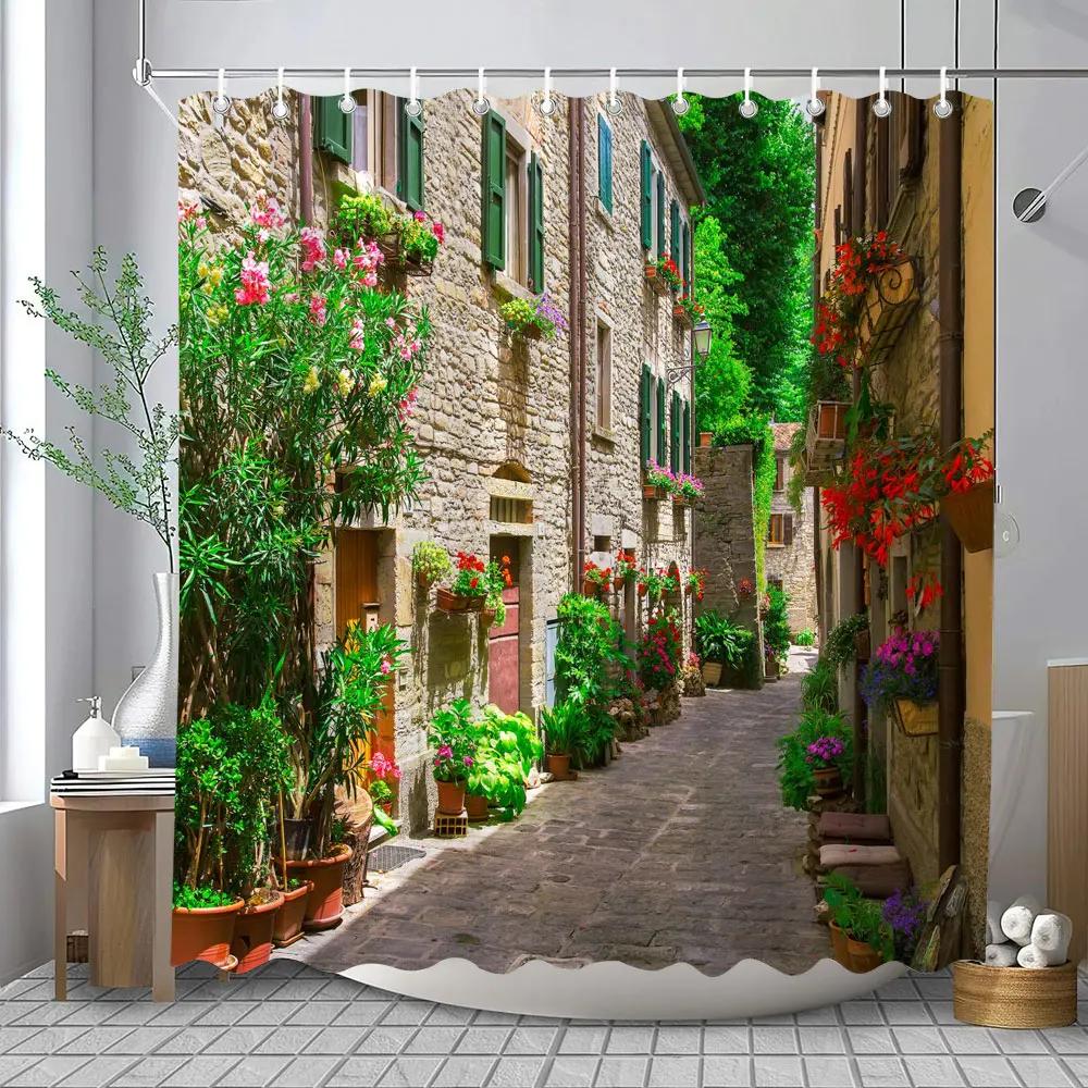 Outdoor Garden Landscape Shower Curtain Lapa Old Town Coastal Landscape Mediterranean Landscape Shower Curtains Bathroom Decor