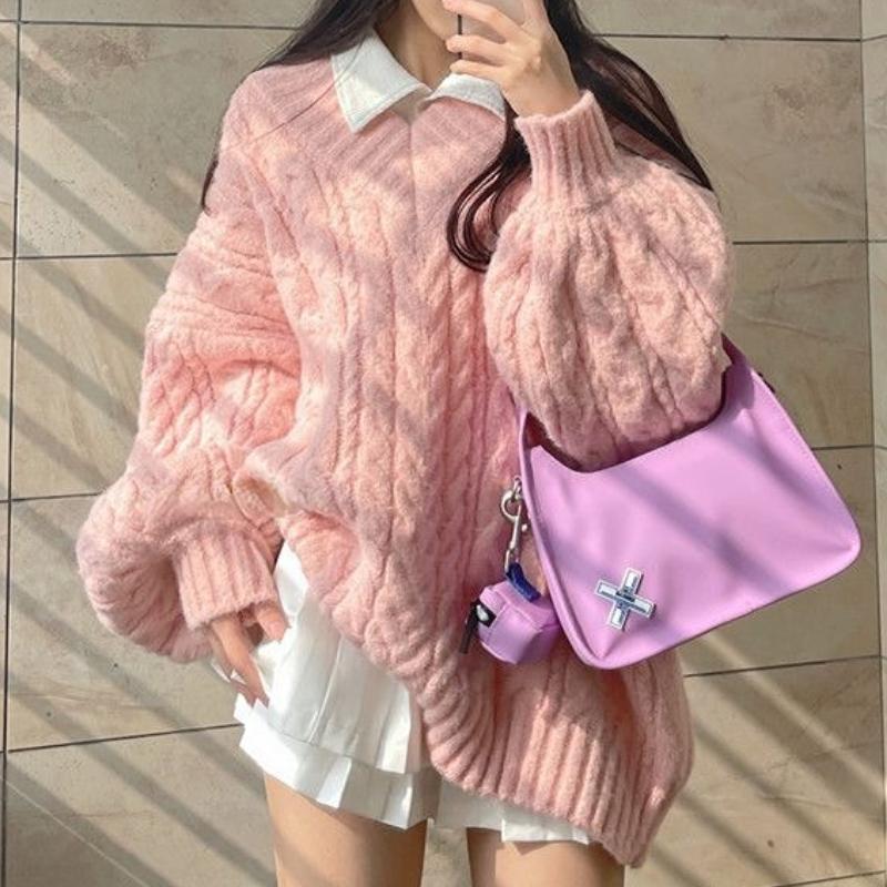 Dámský svetr s výstřihem do V Vintage Ležérní Volný Pevný Pletený Svetr Preppy Roztomilé topy Podzim Zima Korejský módní svetr