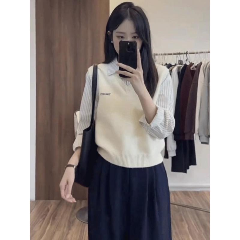 

Spring Petite Striped Shirt with Faux Vest - Women s Retro Loose Knit Top One Size грязно-белый