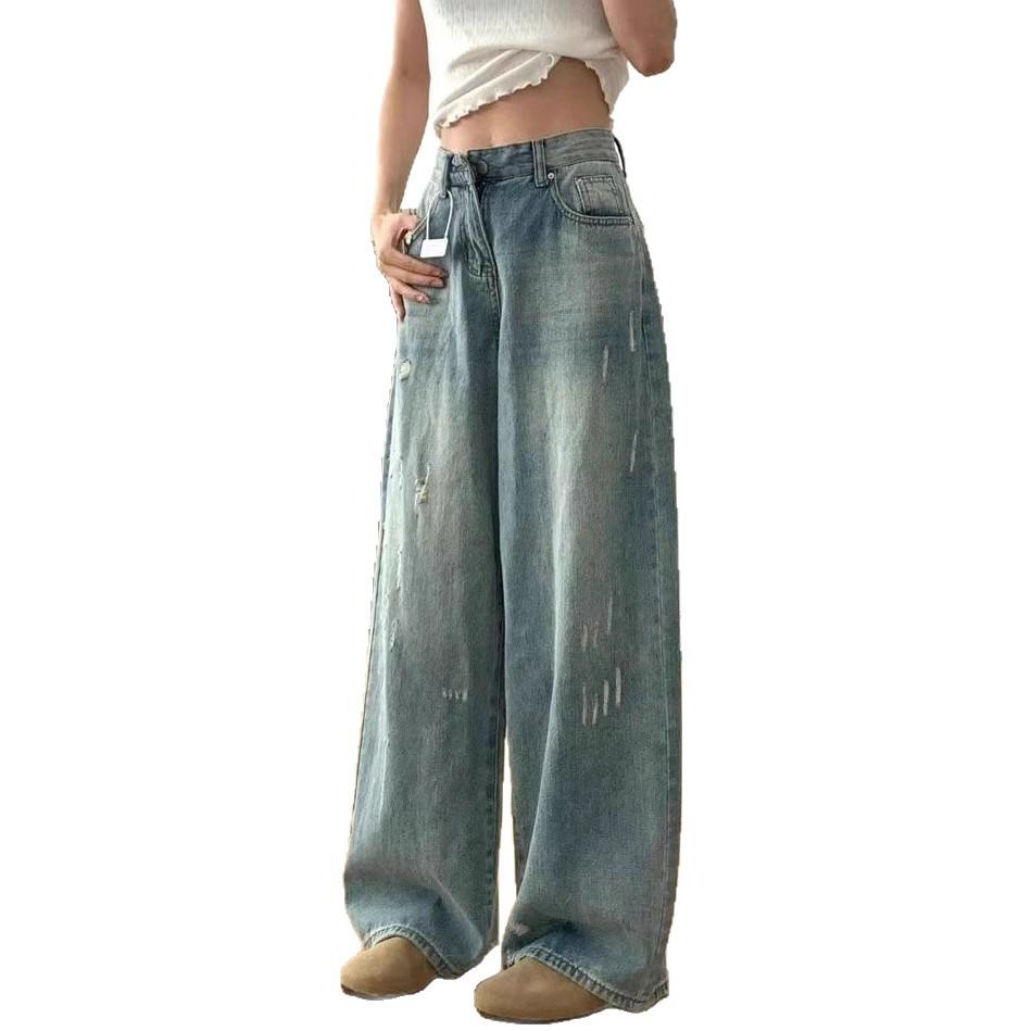 Loose Big Yards Torn Wide-legged Jeans Women Spring and Summer Thin High-waisted Crotch-shading Straight Pants Retro Baggy Long Jeans for Ladies