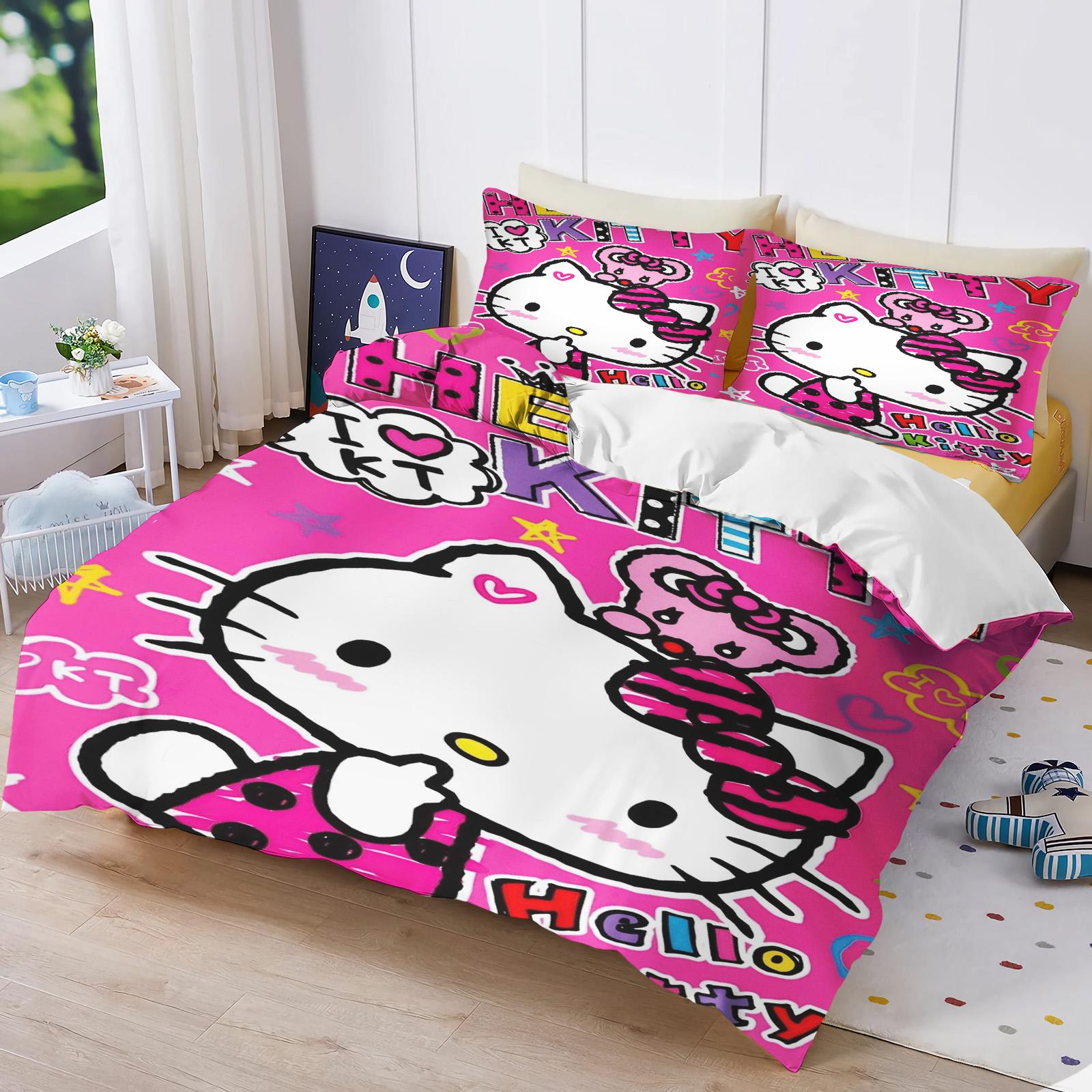 

Постельное белье с принтом Hello Kitty для спальни Комплект пододеяльника Рождественские подарки Комфорт Мультяшный С наволочкой EU Single(135*200cm)3pcs