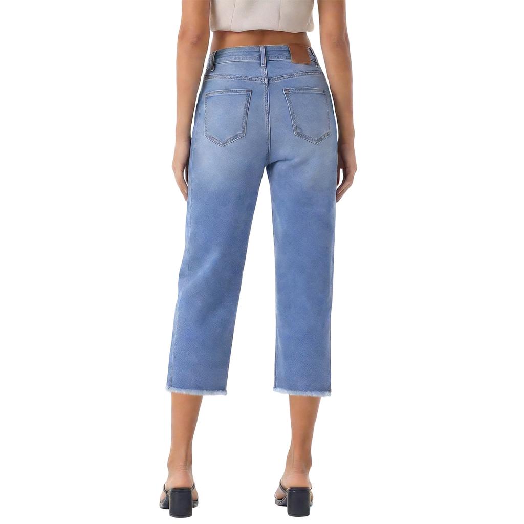 Pantalon Court Mode Taille Haute Classique Polyvalent en Denim pour Femmes