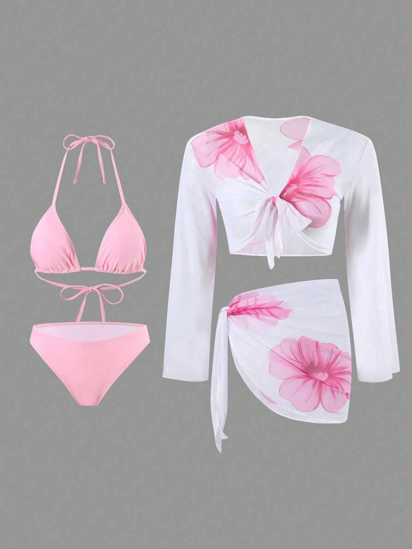 

European And American Long-Sleeved Outer Blouse Apron Women S Split Swimsuit Printed Lace-Up Bikini Four-Piece Set S розовый