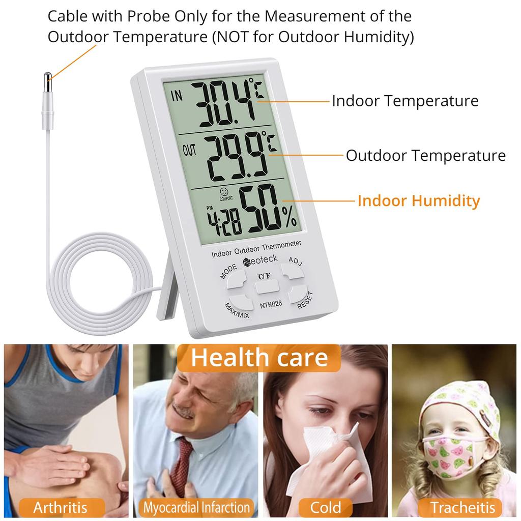 Neoteck With LCD Digital Temperature and Humidity for Home Heatstroke Warranty Thermo-Hygrometer ±1°C Accuracy, Sensor, Indoor/Outdoor Measurements,