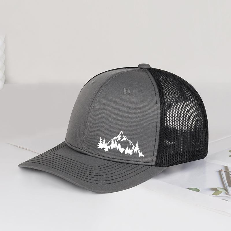 Mountain & Pine Tree Print Trucker Hat Adjustable Unisex Mesh Outdoor Hiking Sun Hat