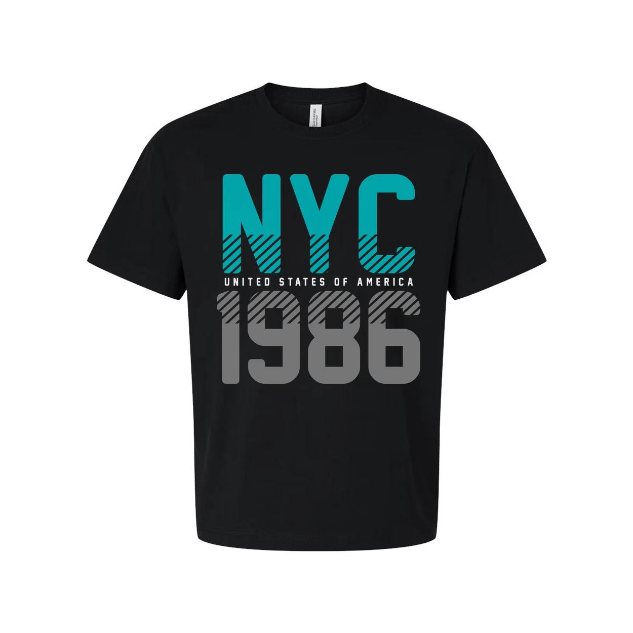 

Unisex NYC 1986 Graphic T-Shirt With Turquoise Accents And Bold Gray Typography S