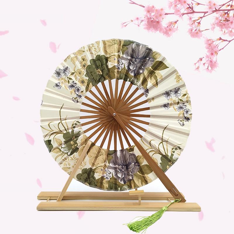 Japanese Sakura Flower Printed Fans Folding Fans Ancient Tassel Round Hand Fan Dance Performance Photo Prop Wedding Party Decor
