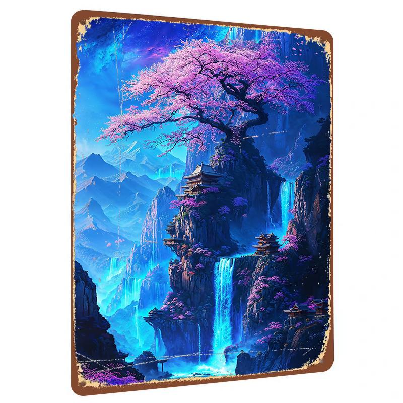 Chinese Landscape Metal Wall Art Traditional Mountain Waterfall Painting for Living Room Home Decor 20x30cm（7.8x11.8inch）