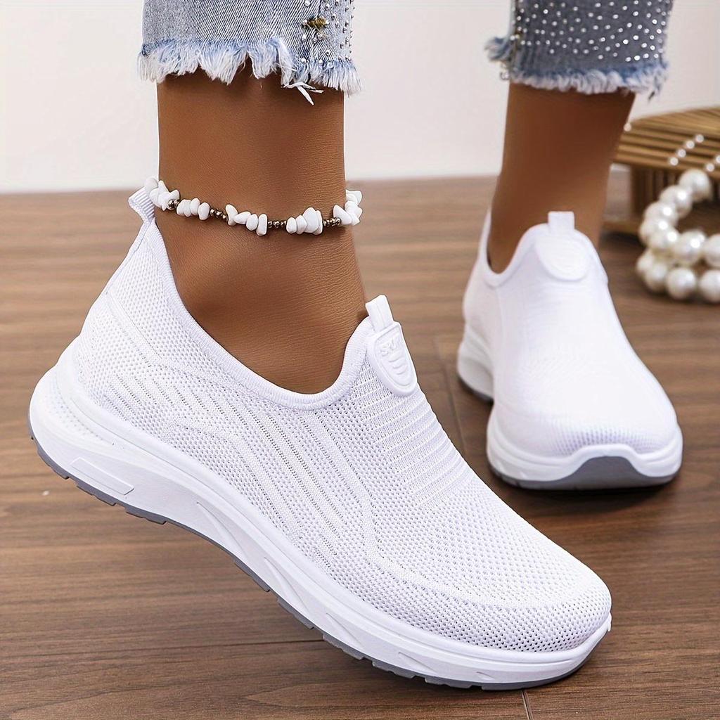 Women's Solid Color Platform Sneakers, Breathable Knit Slip On Outdoor Shoes, Comfortable Low Top Sport Shoes