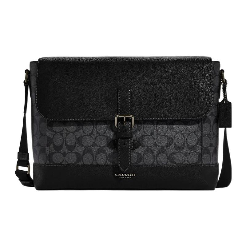 

COACH Hudson 36 Flap Closure Coated Canvas and Natural Pebbled Leather Messenger Bag Shoulder Crossbody Bag Men s Charcoal and Black чорний