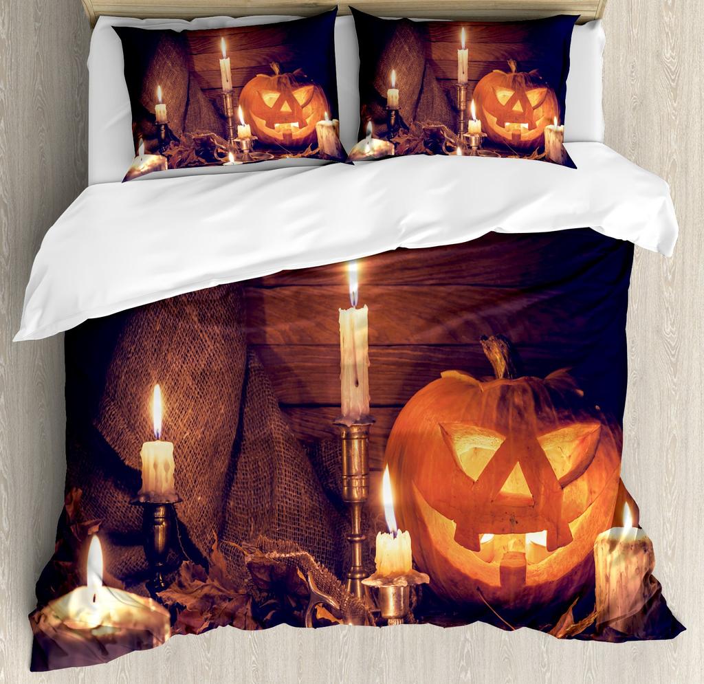 Halloween Duvet Cover Set, Spooky Carved Halloween Pumpkin Lantern Bat Bedding Set Single Twin Full Queen King Comforter Cover