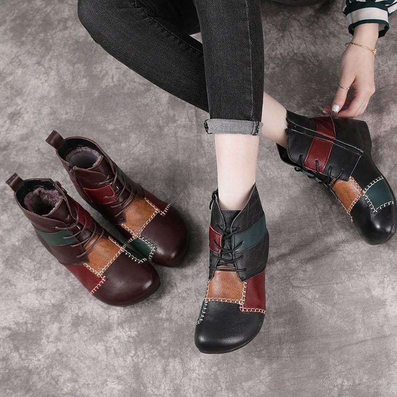 Winter Obermaterial Rindsleder Niedriger Absatz Lässige Kurze Stiefel Ethnischer Stil Colorblocking Echtes Leder Martin Stiefel Warm und Bequem