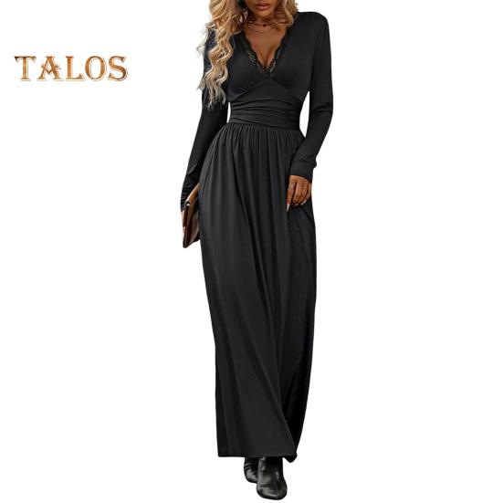 

Осень-Весна Платье Кружева V-образным Вырезом С Длинными Рукавами Плиссированные Разделенный Подол Чистый Цвет Трапеции Большой Подол Slim Fit Полная Длина Платье Макси Для Свиданий L чёрный