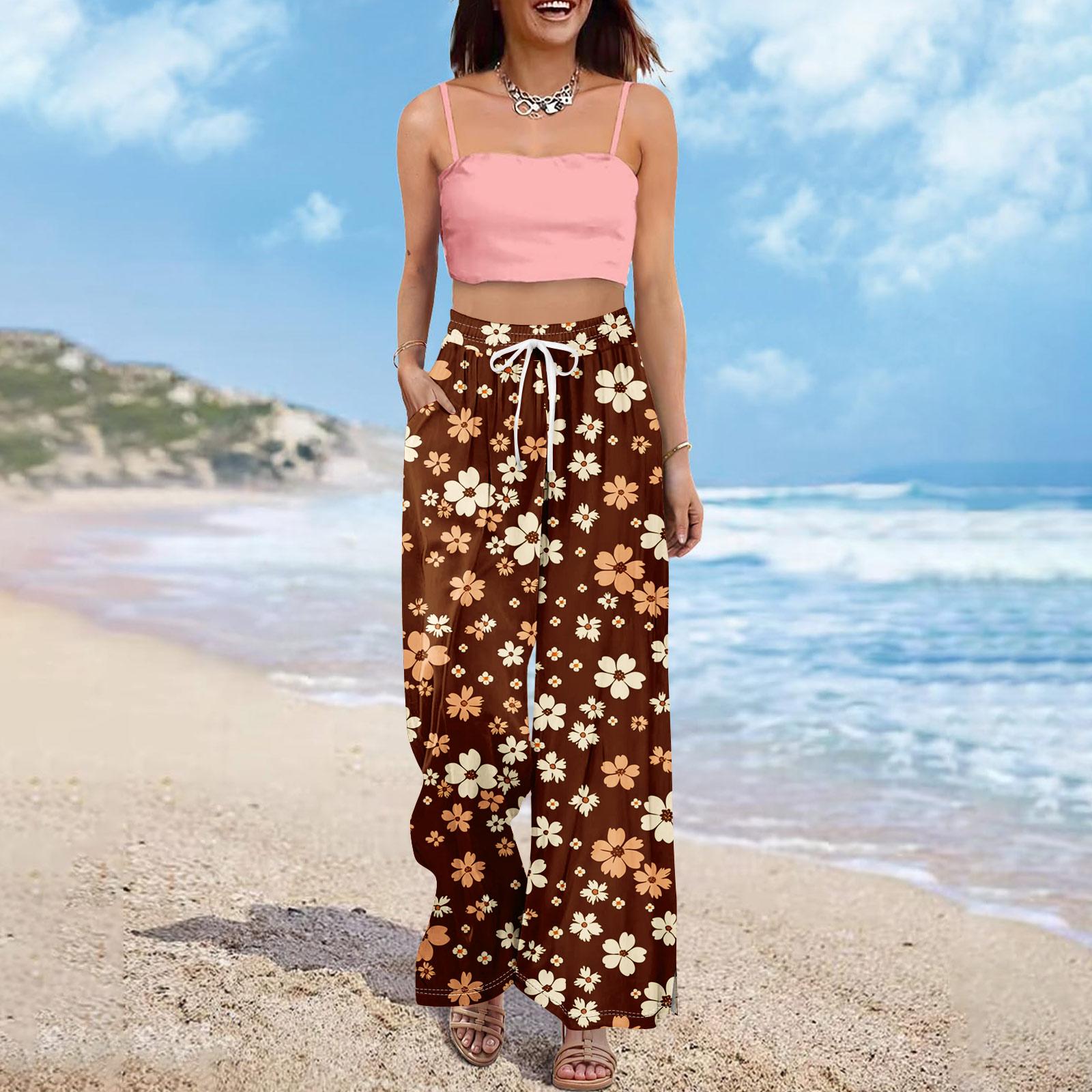 

Жіночі літні штани Boho Palazzo з високою талією Широкі повсякденні штани з квітковим принтом і кишенями XL винний