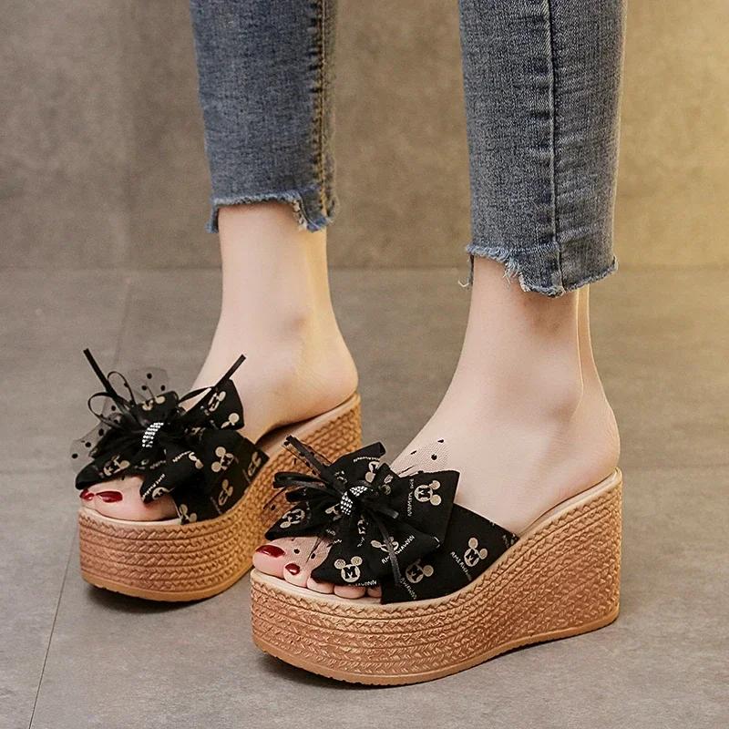 Fashion Slippers Women 2025 New Sweet Bow Ladies Open Toes Summer Sexy High Heel Slippers Woman Slides Platform Wedges Shoes for Women