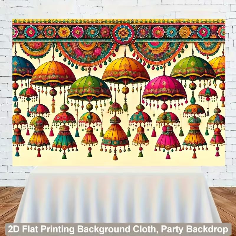 2D Colorful Rajasthani Umbrella Backdrop Indian Festival Photo Booth Background 47.2x31.5inch/120*80cm