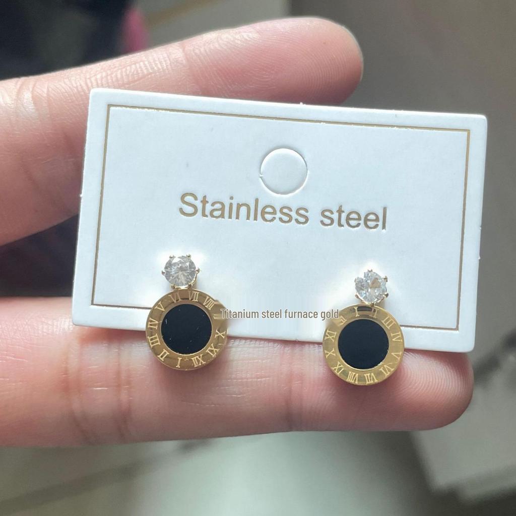 Black Rhinestone Round Stud Earrings, Rose Gold-Plated Titanium Steel, Simple Korean Style Women's Jewelry